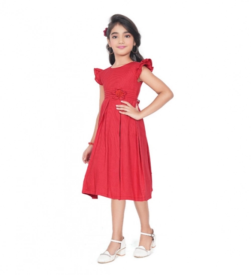 Girl's Rayon Soild Short Sleeve Round Neck Dress (Red) Girl's Rayon Soild Short Sleeve Round Neck Dress (Red)