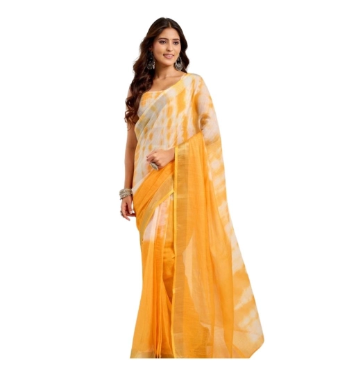Women's Linen Cotton Printed Ready To Wear Saree With Unstitched Blouse 5.5 Mtr (Yellow)