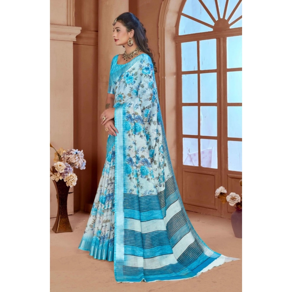 Women's Printed Cotton Linen Saree withPrinted  Saree With Unstitched Blouse (Blue, 5-6Mtrs)