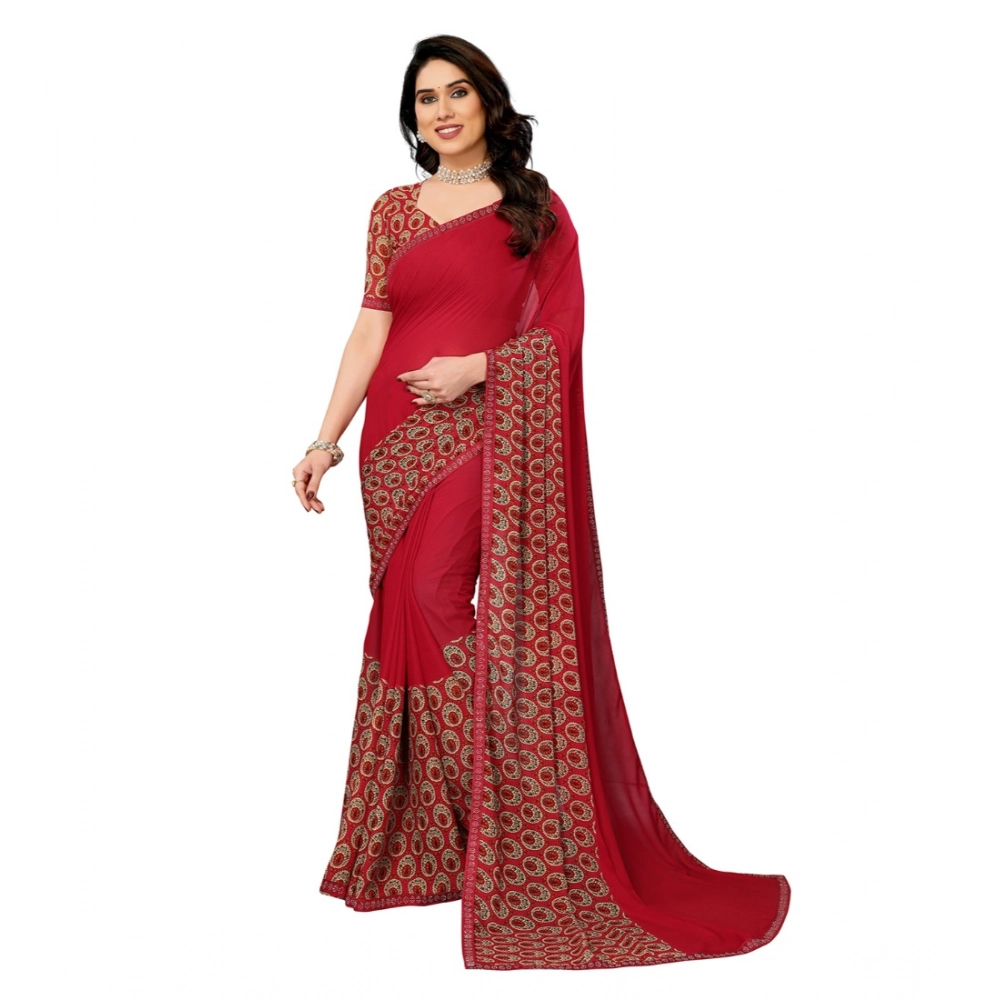 Women's Georgette Printed Saree With Unstitched Blouse 5.5Mtr (Red) Women's Georgette Printed Saree With Unstitched Blouse 5.5Mtr (Red)