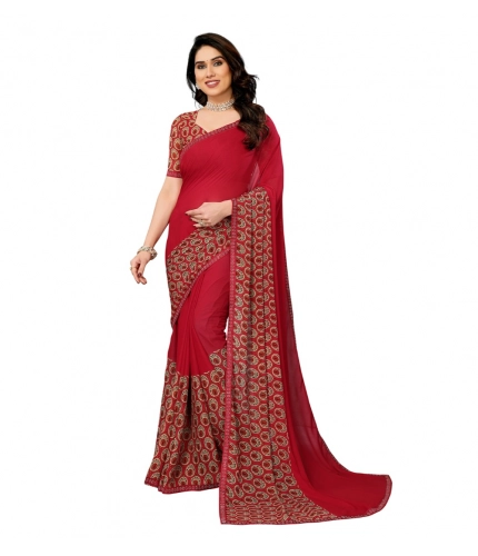 Women's Georgette Printed Saree With Unstitched Blouse 5.5Mtr (Red)