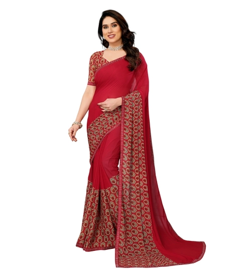 Women's Georgette Printed Saree With Unstitched Blouse 5.5Mtr (Red)
