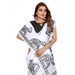 Women's Linen Cotton Printed Saree With Unstitched Blouse 5.5Mtr (White)