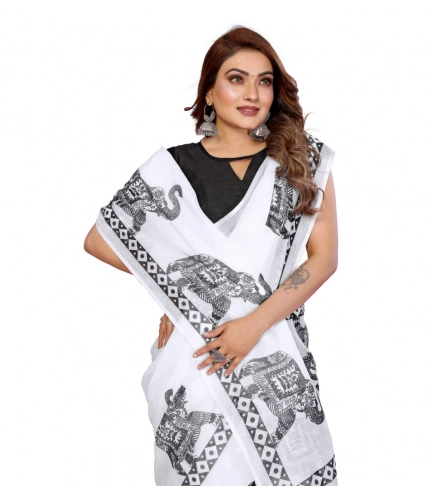 Women's Linen Cotton Printed Saree With Unstitched Blouse 5.5Mtr (White)