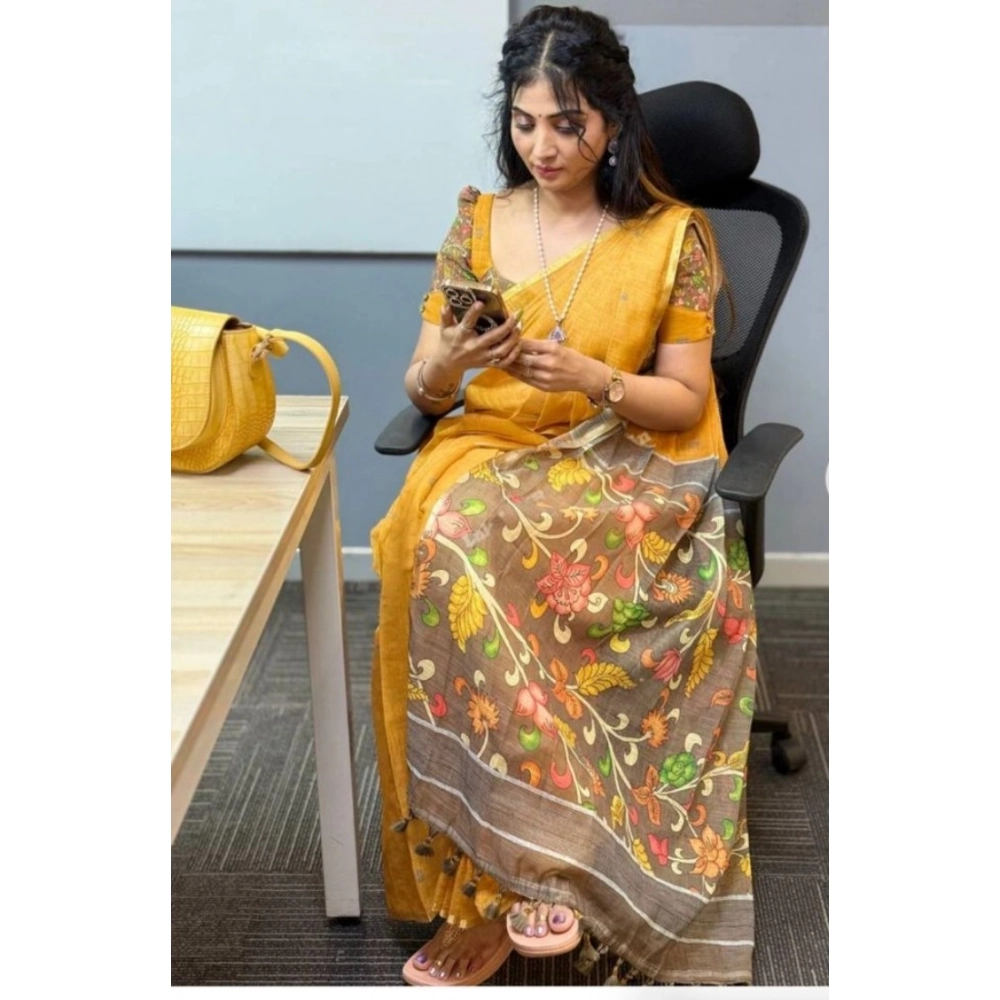 Women's Linen Printed Saree With Unstitched Blouse 5.5Mtr (Mustard) Women's Linen Printed Saree With Unstitched Blouse 5.5Mtr (Mustard)