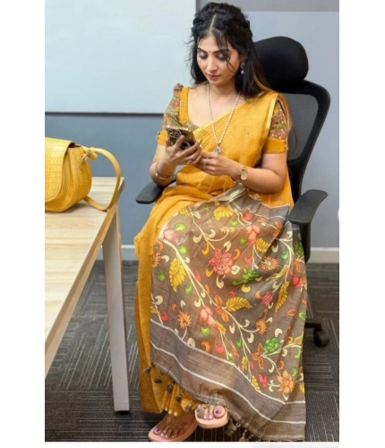 Women's Linen Printed Saree With Unstitched Blouse 5.5Mtr (Mustard) Women's Linen Printed Saree With Unstitched Blouse 5.5Mtr (Mustard)