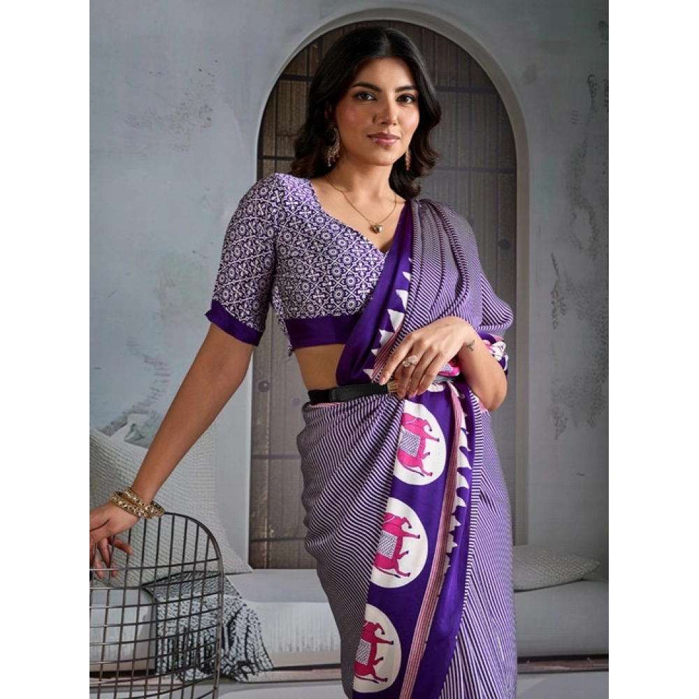 Women's Satin Crepe Printed Saree With Unstitched Blouse 5.5Mtr (Blue)