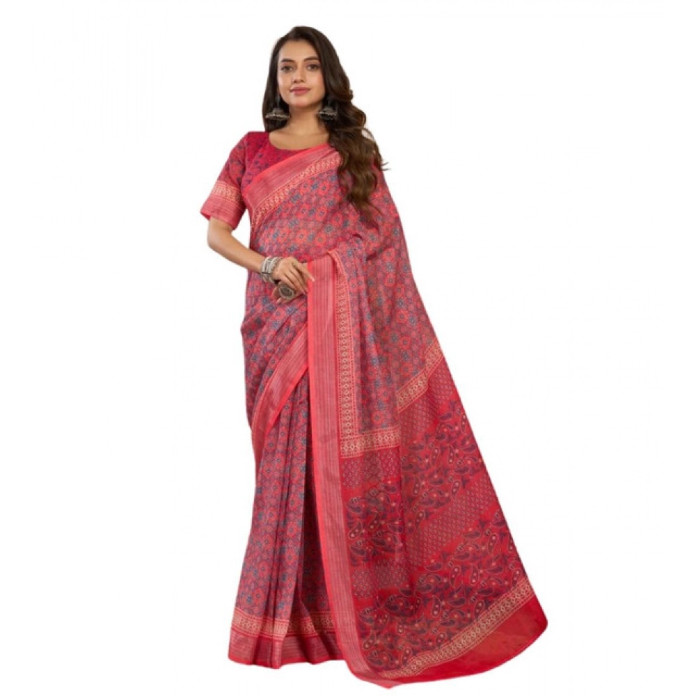Women's Faux Linen Geometric Print Ready to wear Saree With Unstitched Blouse 5.5Mtr (Red) Women's Faux Linen Geometric Print Ready to wear Saree With Unstitched Blouse 5.5Mtr (Red)