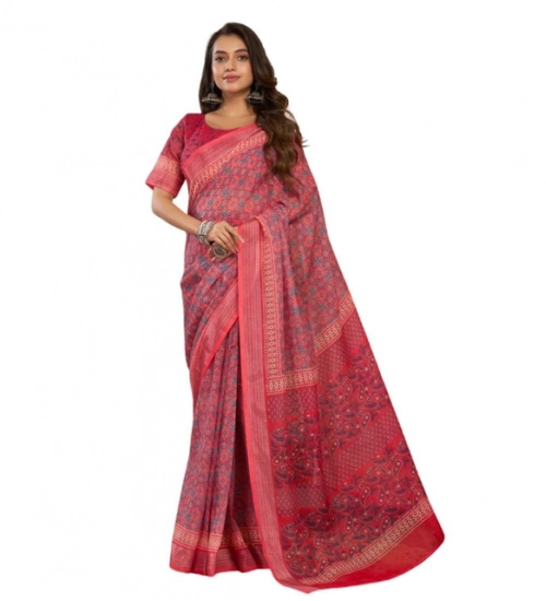 Women's Faux Linen Geometric Print Ready to wear Saree With Unstitched Blouse 5.5Mtr (Red) Women's Faux Linen Geometric Print Ready to wear Saree With Unstitched Blouse 5.5Mtr (Red)