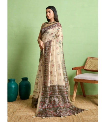 Women's Silk Blend Printed Saree With Unstitched Blouse 5.5Mtr (Cream) Women's Silk Blend Printed Saree With Unstitched Blouse 5.5Mtr (Cream)