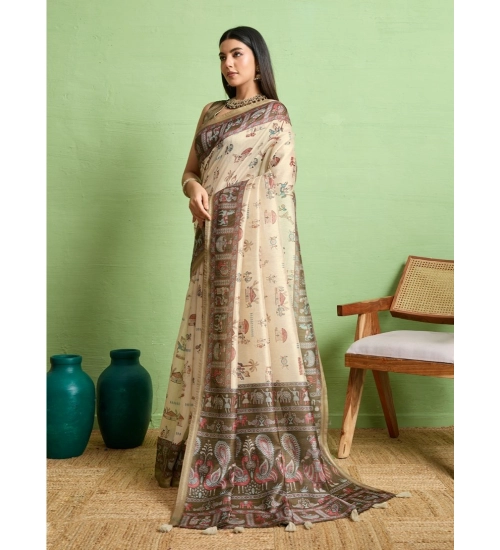 Women's Silk Blend Printed Saree With Unstitched Blouse 5.5Mtr (Cream)