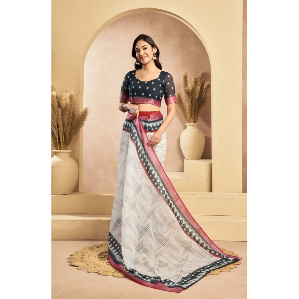 Women's Faux Linen Floral Print Ready to wear Saree With Unstitched Blouse 5.5Mtr (OffWhite) Women's Faux Linen Floral Print Ready to wear Saree With Unstitched Blouse 5.5Mtr (OffWhite)