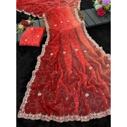 Women's Digital Printed  Georgette Saree With Unstitched Blouse (Red, 5-6 Mtrs)