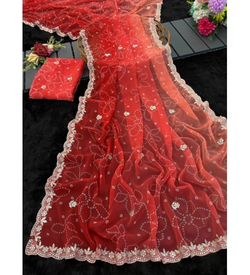 Women's Digital Printed  Georgette Saree With Unstitched Blouse (Red, 5-6 Mtrs)