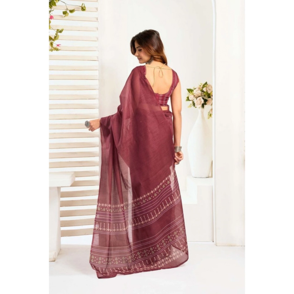 Women's Linen Cotton Printed Ready To Wear With Pocket Saree With Unstitched Blouse 5.5 Mtr (Maroon)