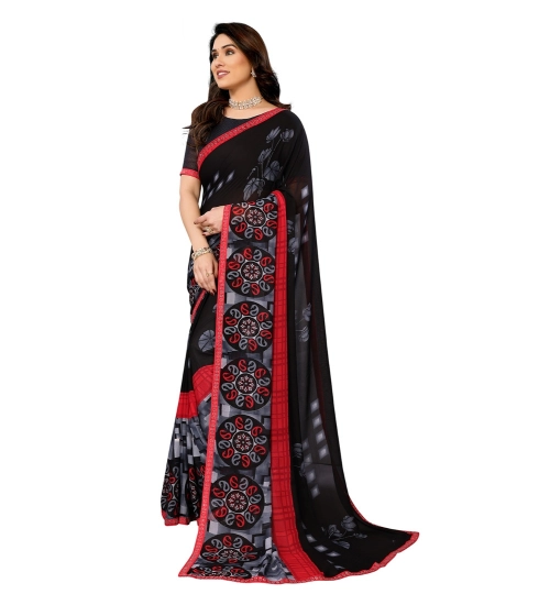 Women's Georgette Printed Saree With Unstitched Blouse 5.5Mtr (Black)