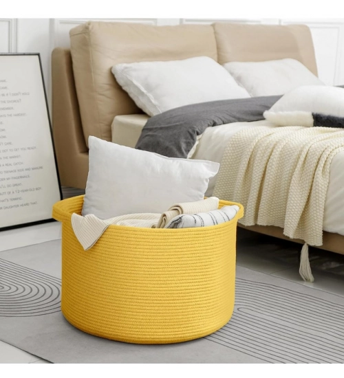 Cotton 14x12 Inch Pack of 1 Storage Basket For Clothes (Yellow)