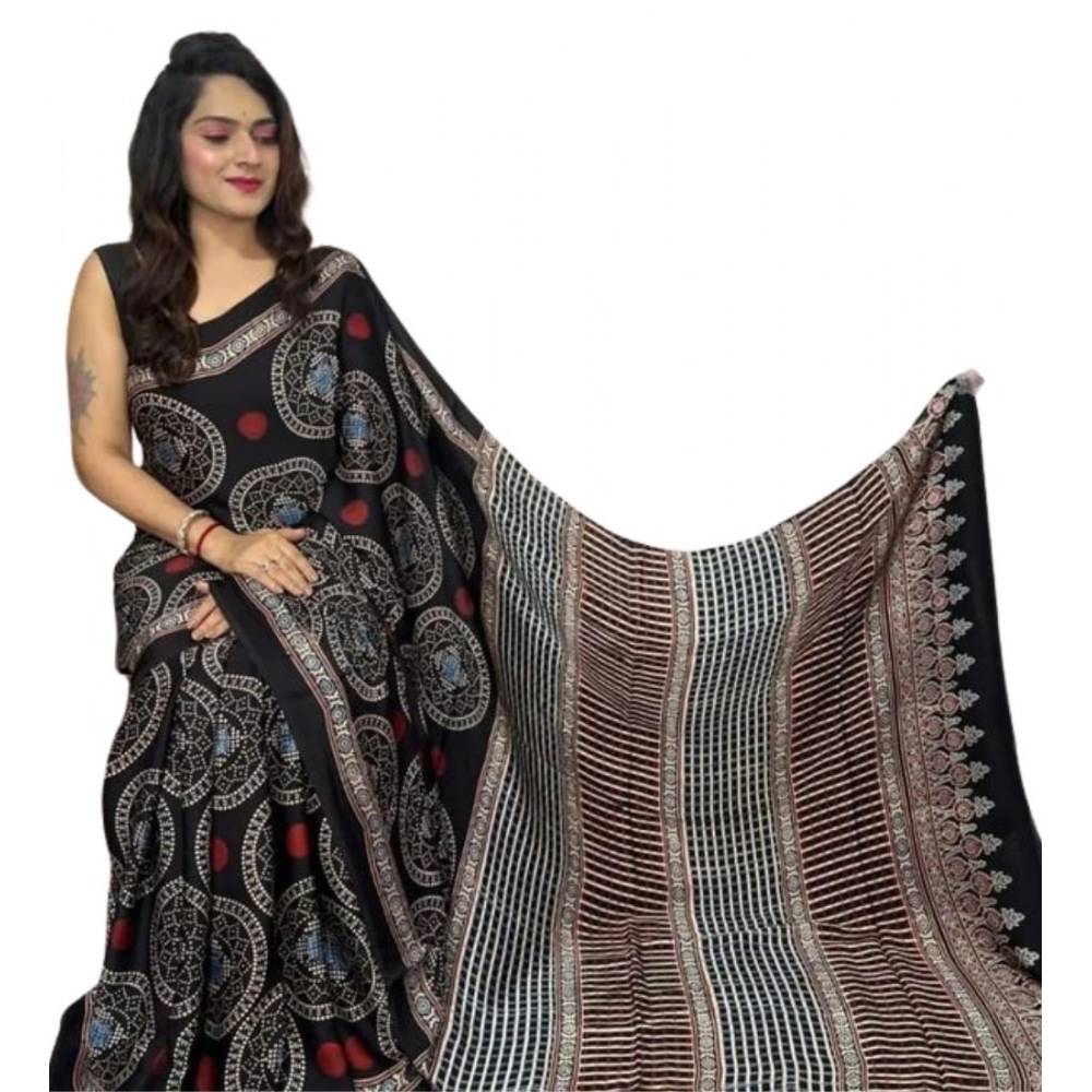 Women's Satin Printed Saree With Unstitched Blouse 5.5Mtr (Black)