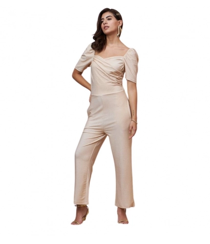 Women's Polyester Shimmer Self Design Short Sleeve Jumpsuit (Gold)