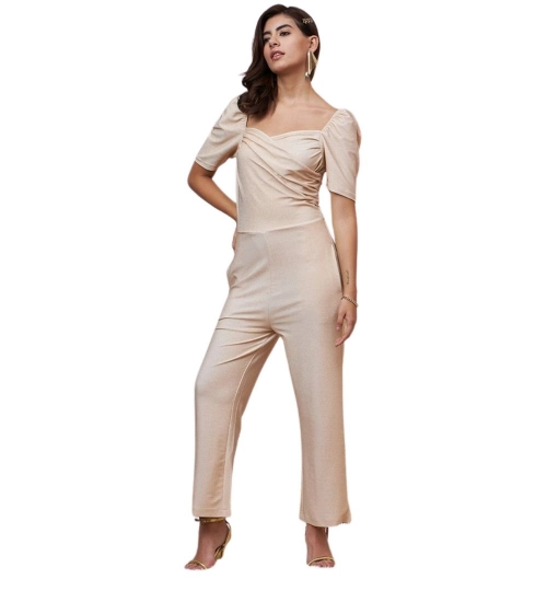 Women's Polyester Shimmer Self Design Short Sleeve Jumpsuit (Gold)