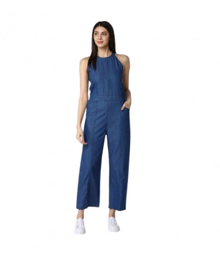 Women's Denim Solid Sleeveless Jumpsuit (Blue)