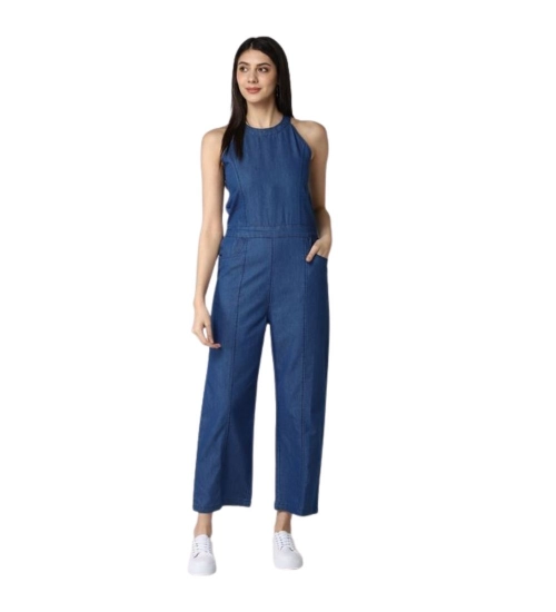Women's Denim Solid Sleeveless Jumpsuit (Blue)