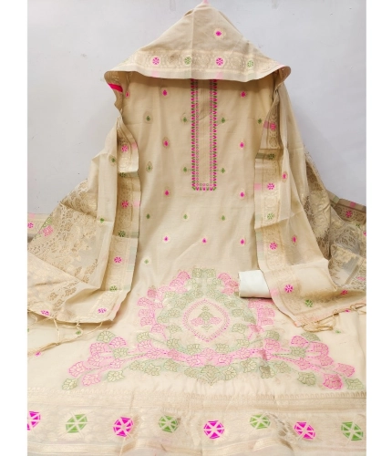 Women's Banarasi Silk Printed Unstitched Salwar Suit Material With Dupatta (Cream, 3Mtrs)