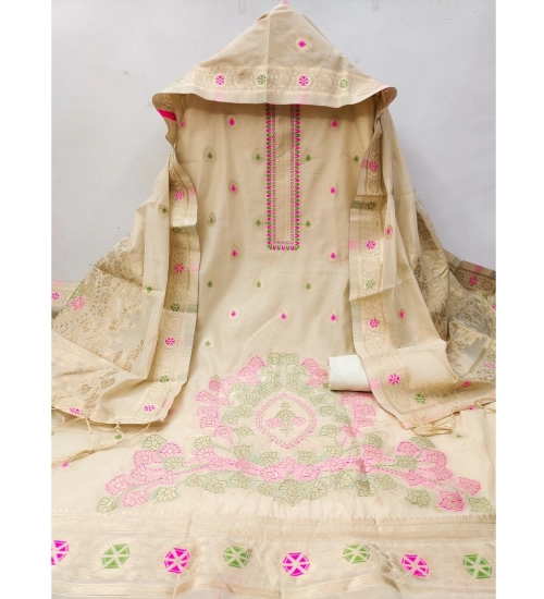 Women's Banarasi Silk Printed Unstitched Salwar Suit Material With Dupatta (Cream, 3Mtrs)