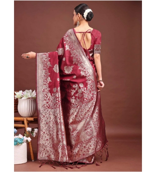 Women's Banarasi Silk Printed Saree With Unstitched Blouse 5.5Mtr (Maroon)