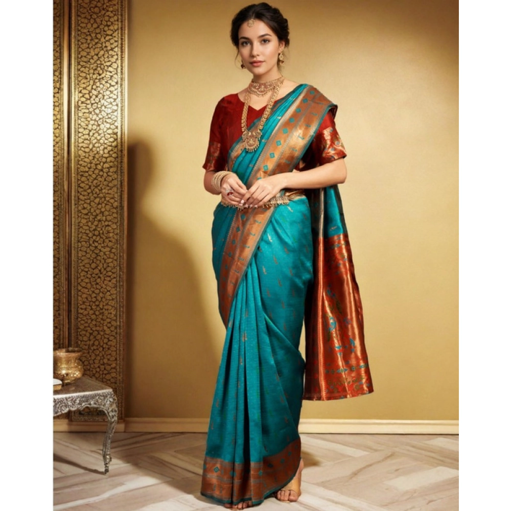 Women's Silk Blend Zari Woven Saree With Unstitched Blouse 5.5Mtr (Rama) Women's Silk Blend Zari Woven Saree With Unstitched Blouse 5.5Mtr (Rama)