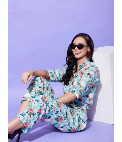 Women's Polyester Floral 3-4th Sleeve Co-Ord Set (Multicolor)