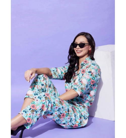 Women's Polyester Floral 3-4th Sleeve Co-Ord Set (Multicolor) Women's Polyester Floral 3-4th Sleeve Co-Ord Set (Multicolor)