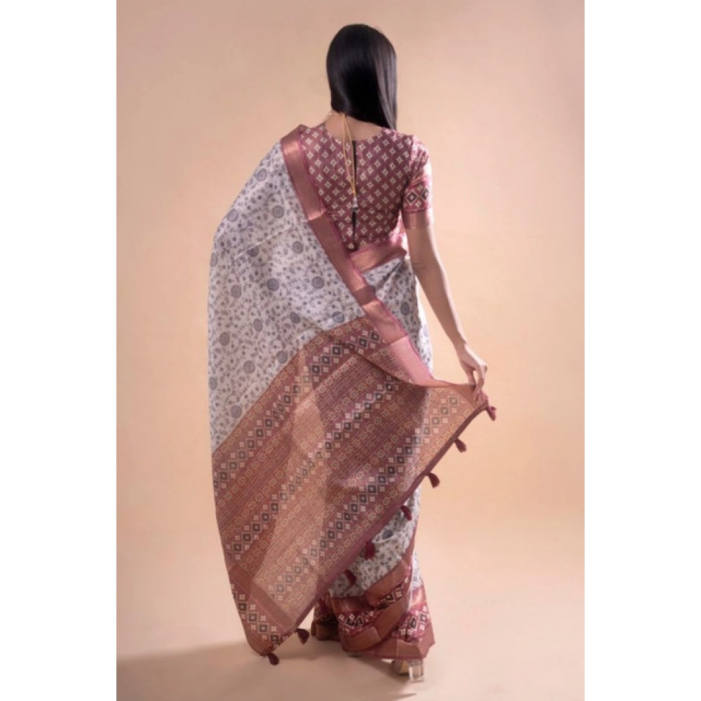Women's Polyester Printed Saree With Unstitched Blouse 5.5 Mtr (Off-White)