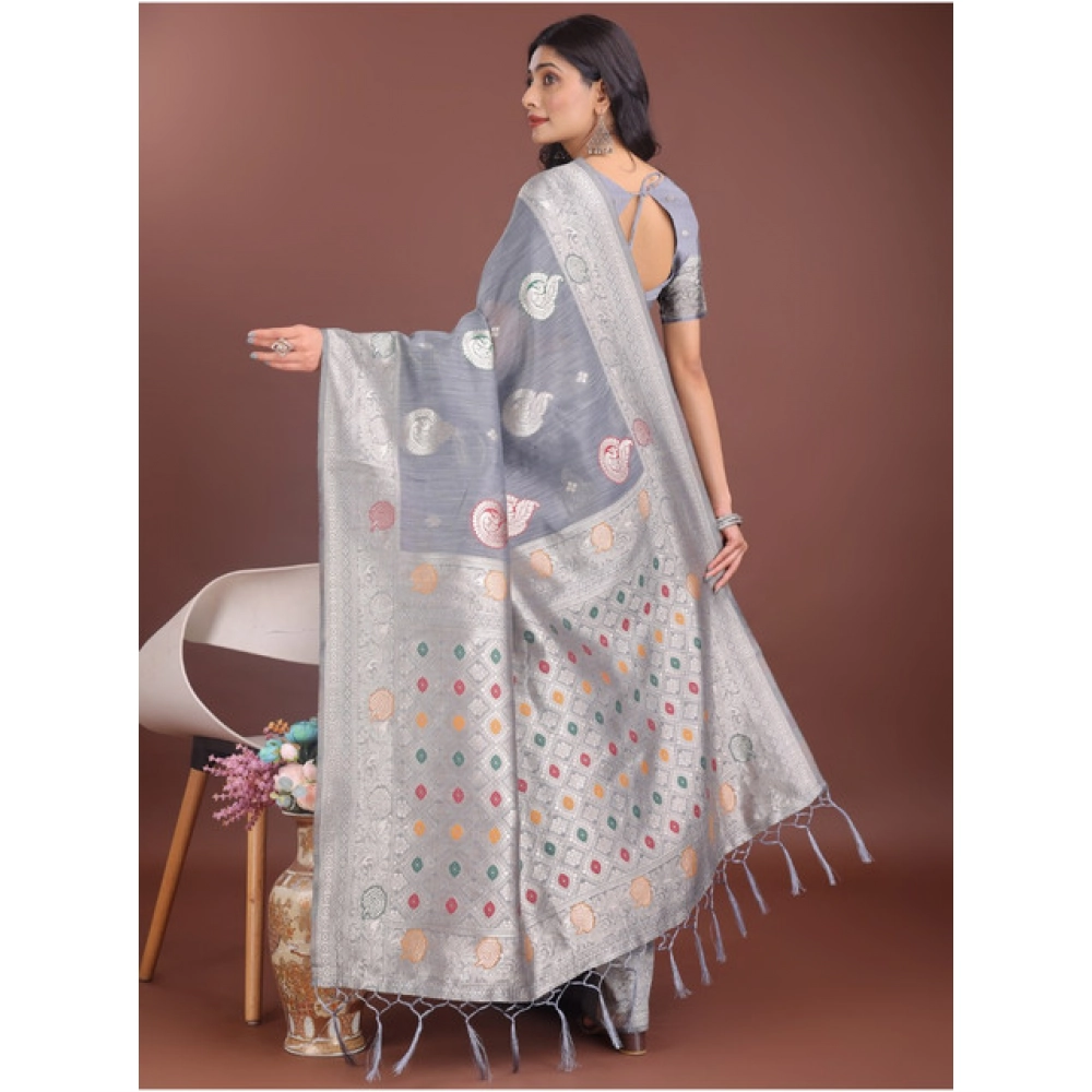 Women's Linen Cotton Printed Saree With Unstitched Blouse 5.5Mtr (Grey) Women's Linen Cotton Printed Saree With Unstitched Blouse 5.5Mtr (Grey)