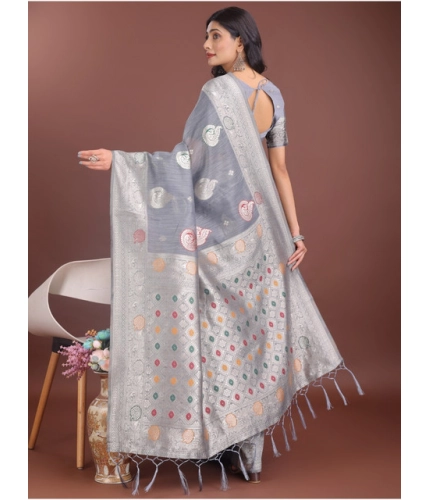 Women's Linen Cotton Printed Saree With Unstitched Blouse 5.5Mtr (Grey)