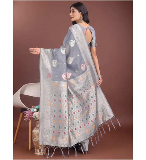 Women's Linen Cotton Printed Saree With Unstitched Blouse 5.5Mtr (Grey)