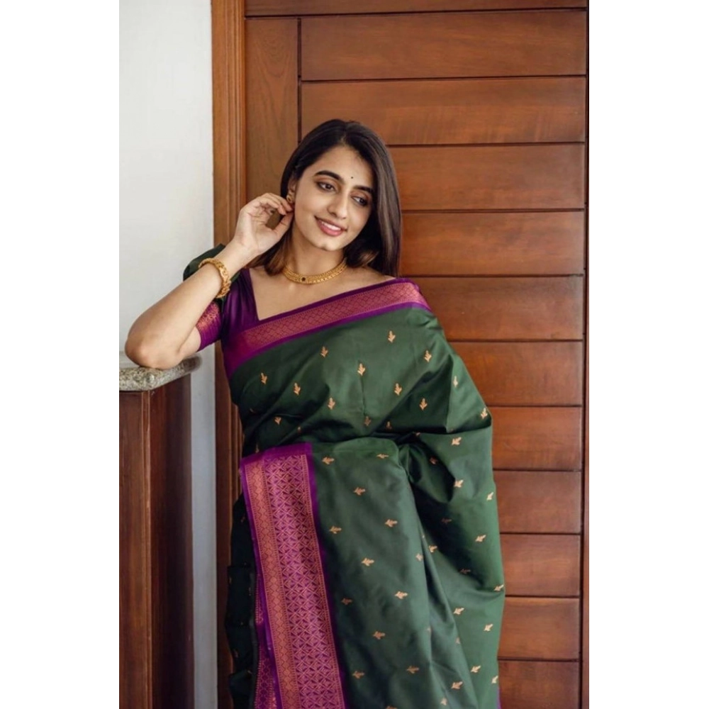 Women's Litchi silk Printed Saree With Unstitched Blouse (Dark Green) Women's Litchi silk Printed Saree With Unstitched Blouse (Dark Green)