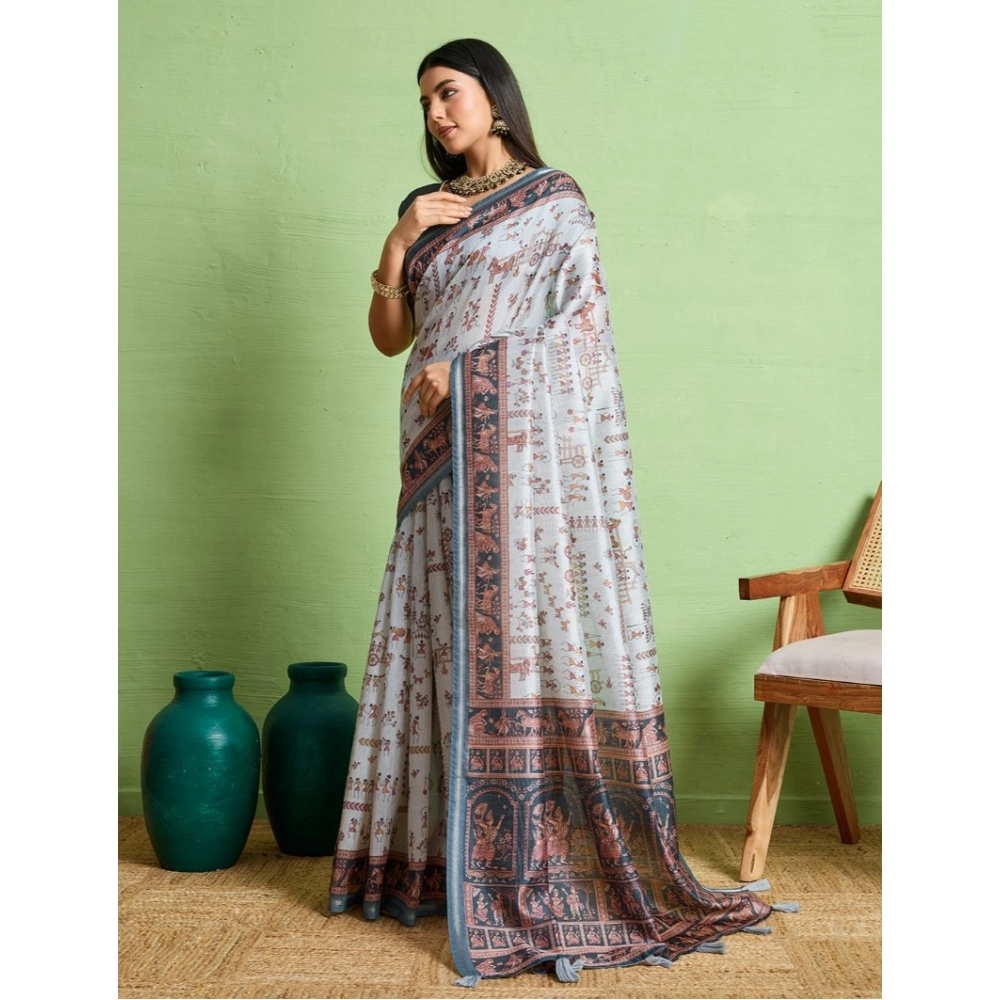 Women's Silk Blend Printed Saree With Unstitched Blouse 5.5Mtr (Grey) Women's Silk Blend Printed Saree With Unstitched Blouse 5.5Mtr (Grey)