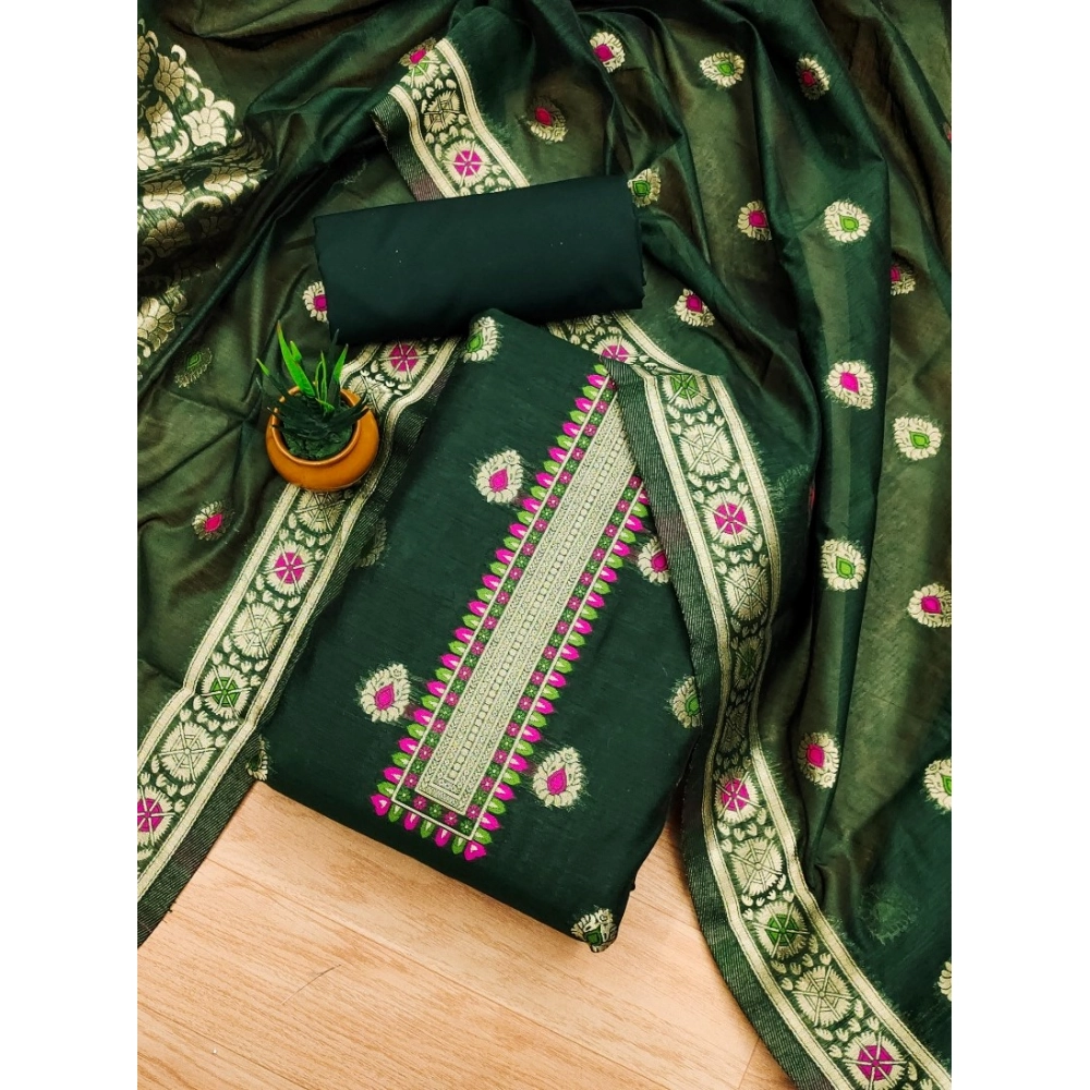 Women's Banarasi Silk Printed Unstitched Salwar Suit Material With Dupatta (Bottle Green, 3Mtrs)