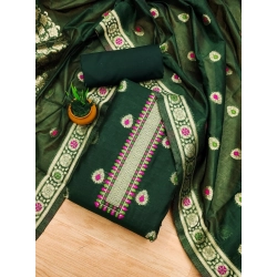 Women's Banarasi Silk Printed Unstitched Salwar Suit Material With Dupatta (Bottle Green, 3Mtrs)