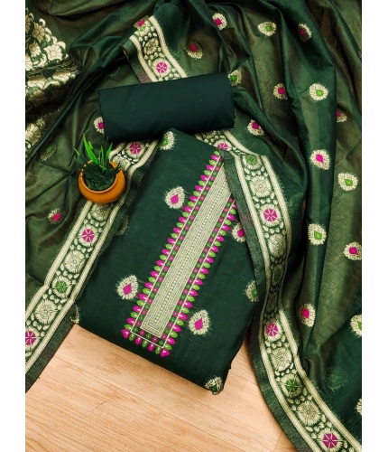 Women's Banarasi Silk Printed Unstitched Salwar Suit Material With Dupatta (Bottle Green, 3Mtrs)