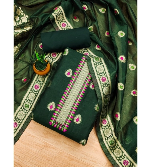 Women's Banarasi Silk Printed Unstitched Salwar Suit Material With Dupatta (Bottle Green, 3Mtrs)