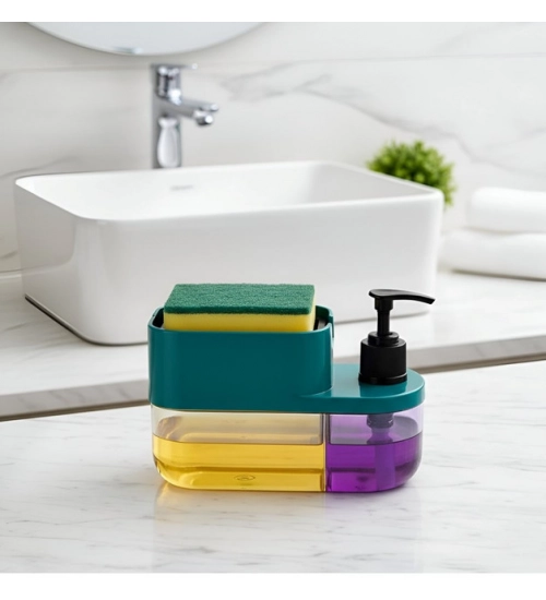 Plastic 3-in-1 Liquid Soap Dispenser with Sponge Soap Holder (Multicolor) Plastic 3-in-1 Liquid Soap Dispenser with Sponge Soap Holder (Multicolor)