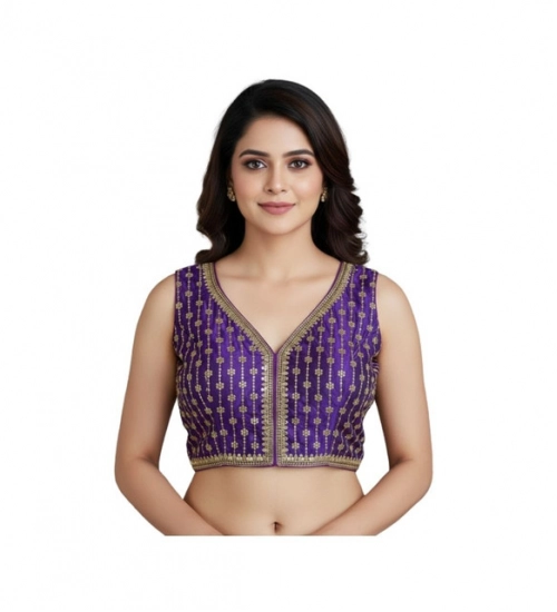 Women's Silk Blend Embroidered V-Neck Non Padded Blouse (Purple 38 Ready (Alterable up to 42)