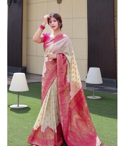 Women's Litchi silk Printed Saree With Unstitched Blouse (Half White) Women's Litchi silk Printed Saree With Unstitched Blouse (Half White)