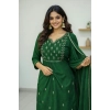 Women's Georgette Ethnic Motif Round 3/4th Sleeve Kurti With Pant Dupatta Set (Green)