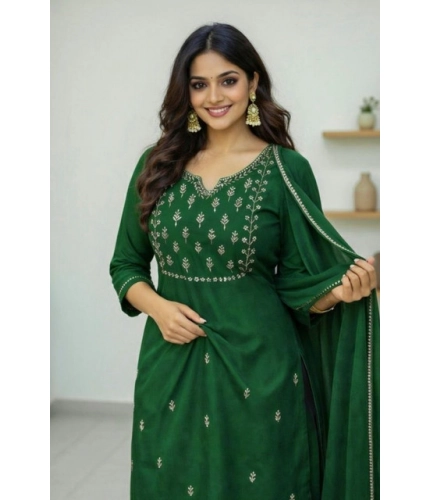 Women's Georgette Ethnic Motif Round 3/4th Sleeve Kurti With Pant Dupatta Set (Green)
