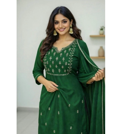 Women's Georgette Ethnic Motif Round 3/4th Sleeve Kurti With Pant Dupatta Set (Green)
