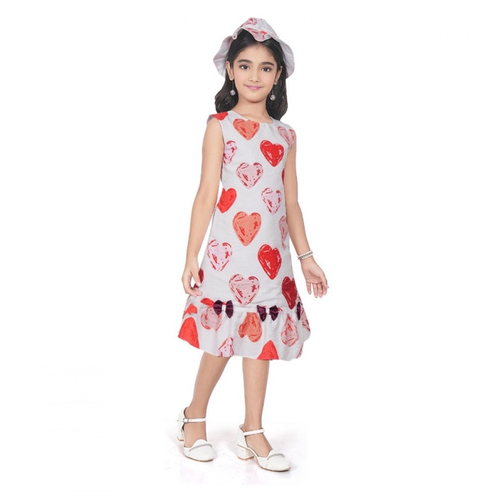 Girl's Popcorn Printed Sleeve Less Round Neck Dress (Red)