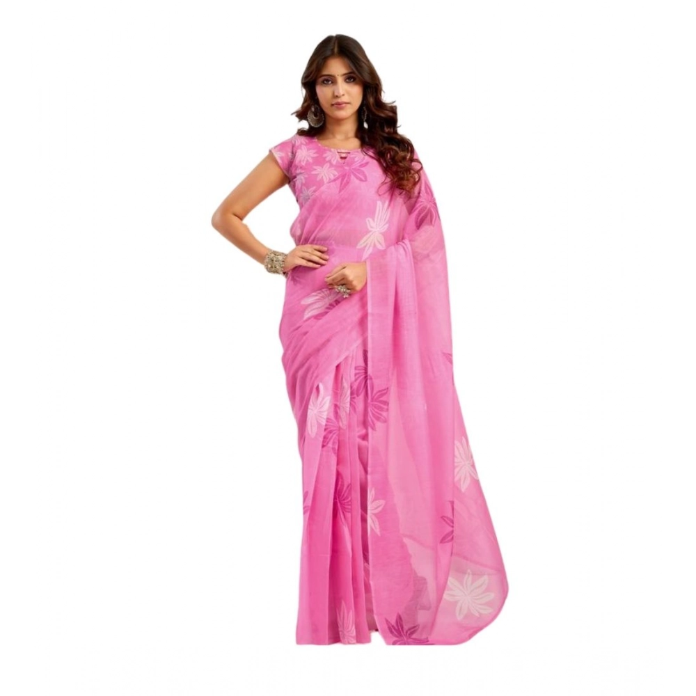 Women's Linen Cotton Printed Ready To Wear Saree With Unstitched Blouse 5.5 Mtr (Light_Pink)